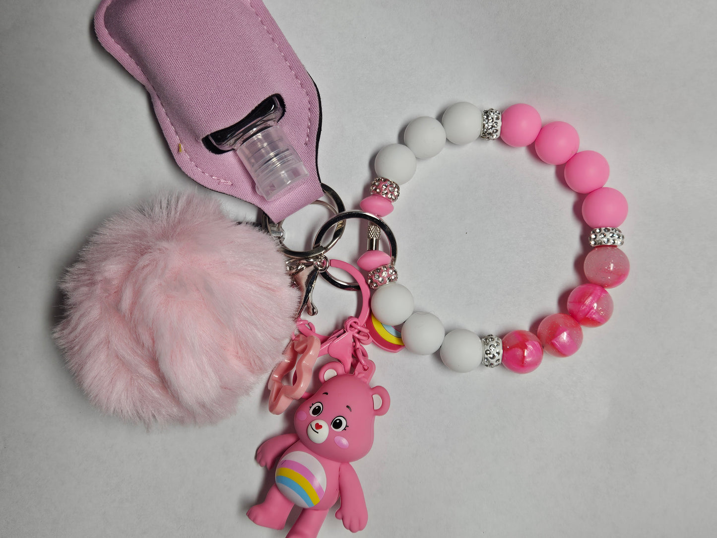 Beaded wristlet pink care bear keychain