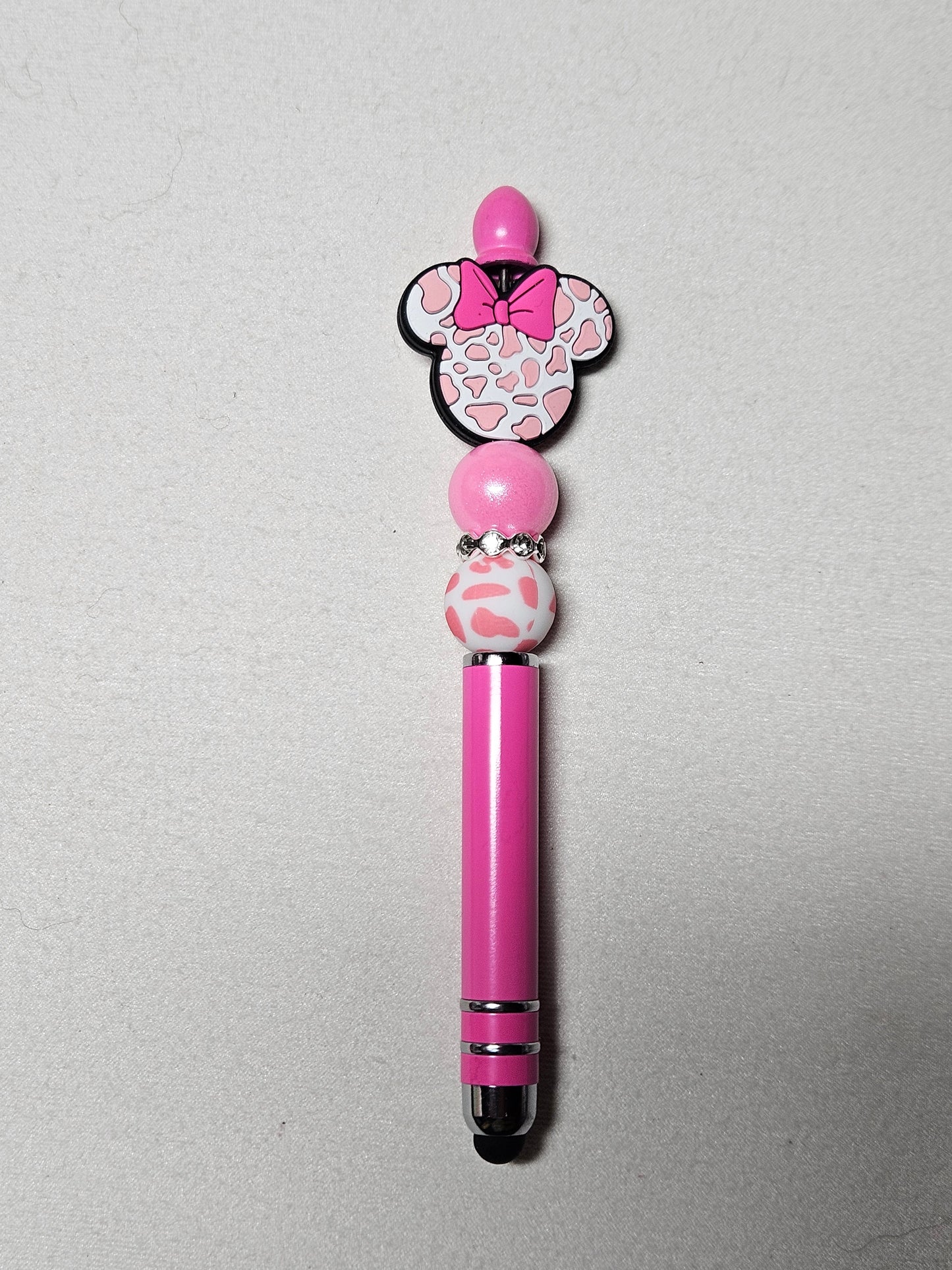 Beaded minnie mouse cow print pink stylus metal pen