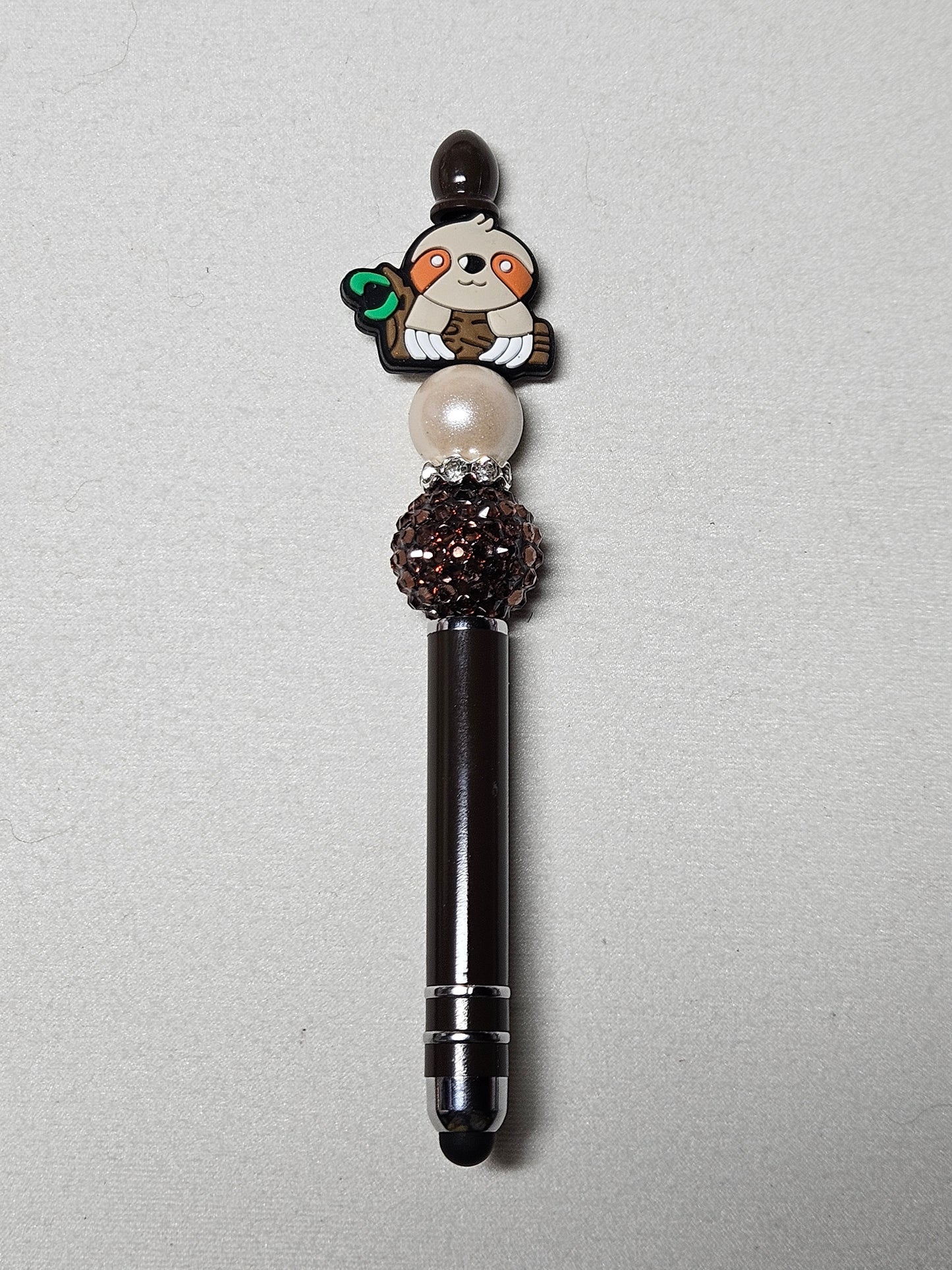 Beaded sloth brown stylus metal pen