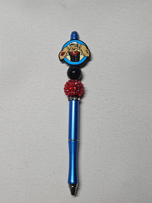 Beaded Popeye blue metal pen