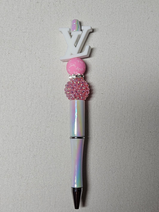 Beaded LoV white iridescent plastic pen