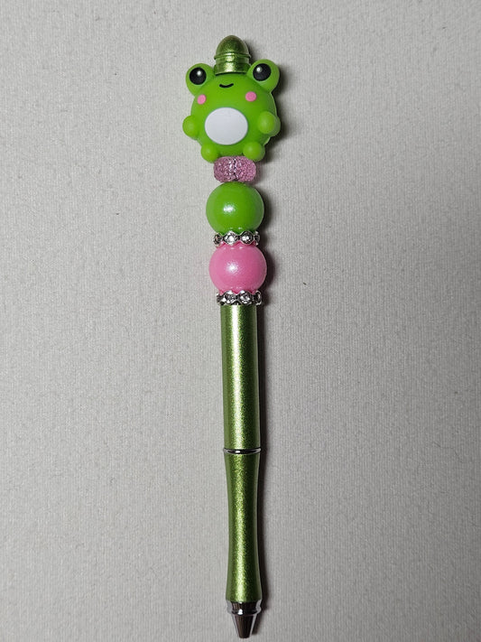 Beaded 3D frog green metal pen