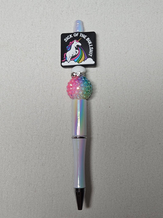 Beaded unicorn rainbow white iridescent plastic pen