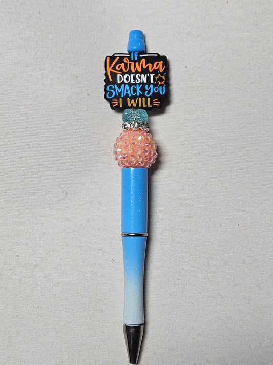 Beaded karma blue ombre plastic pen