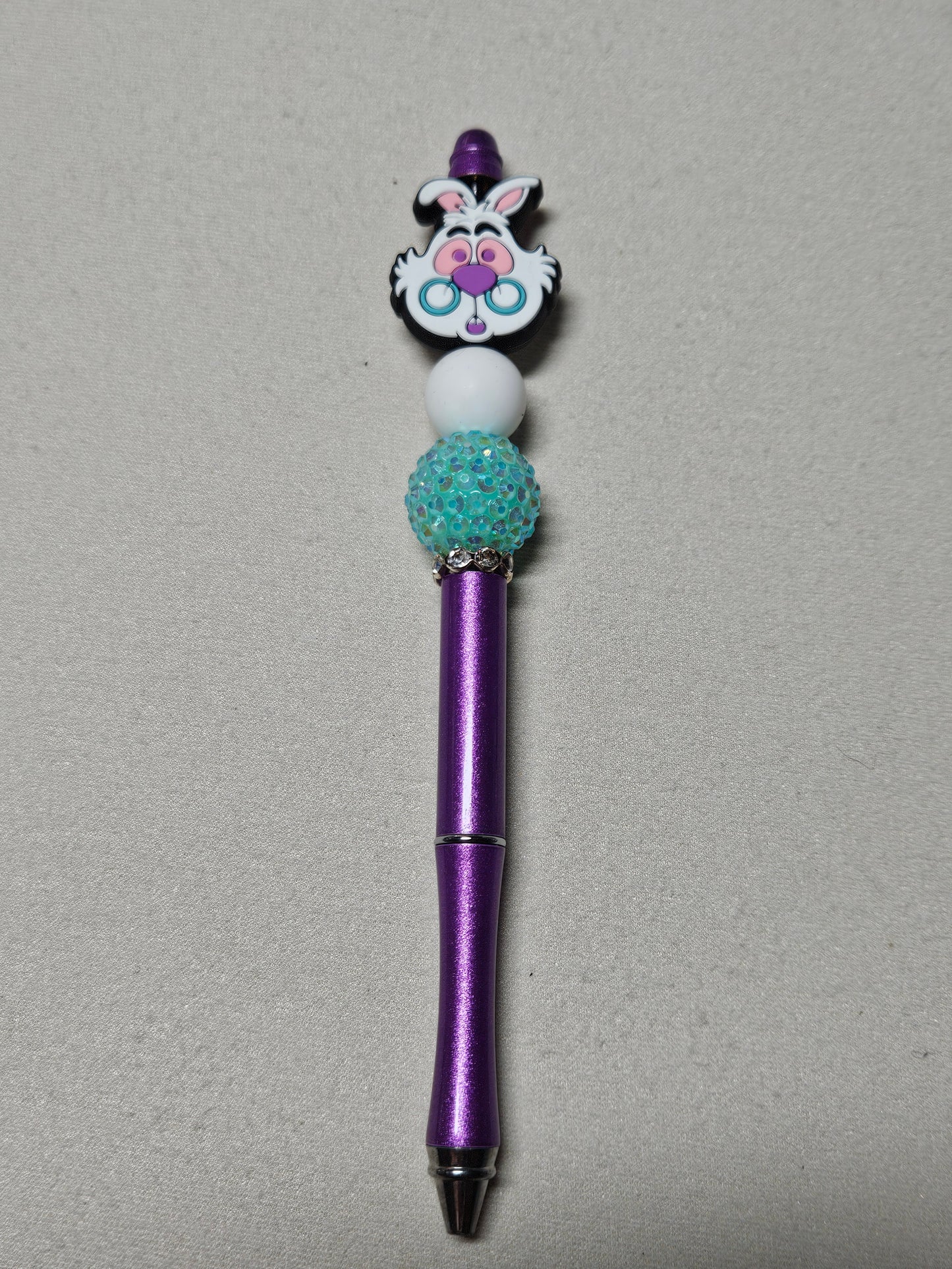 Beaded white rabbit purple metal pen