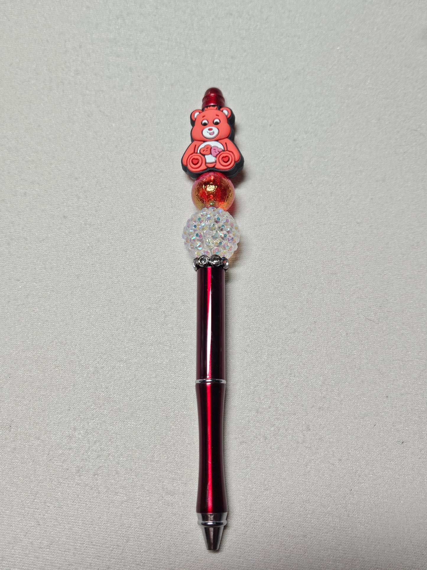 Beaded red heart care bear red metal pen