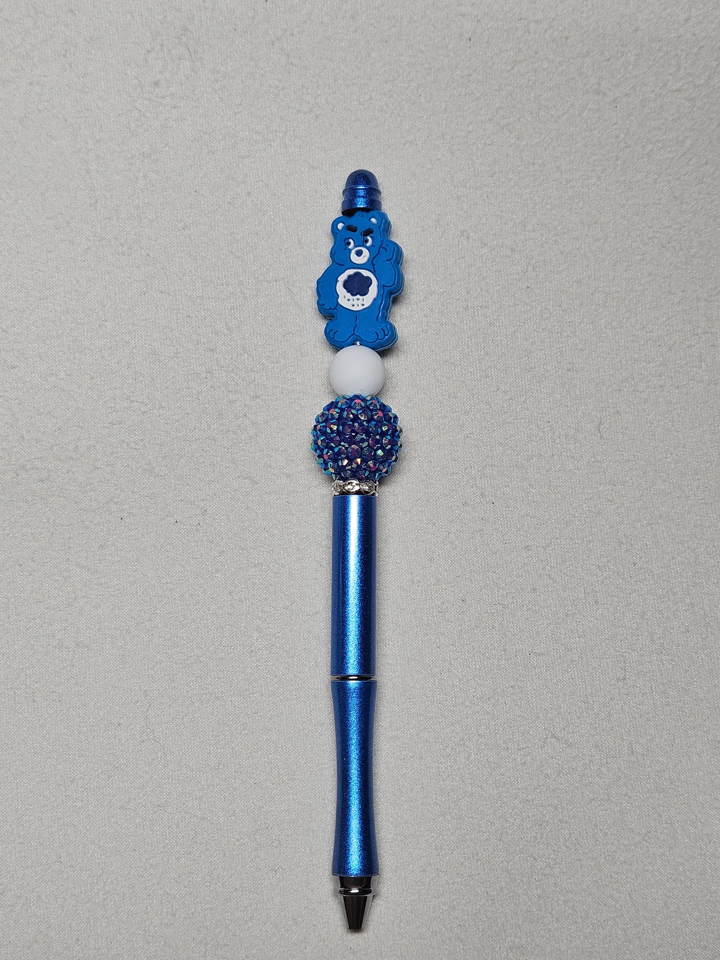 Beaded grumpy care bear blue metal pen