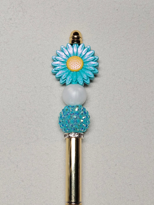 Beaded blue flower gold metal pen