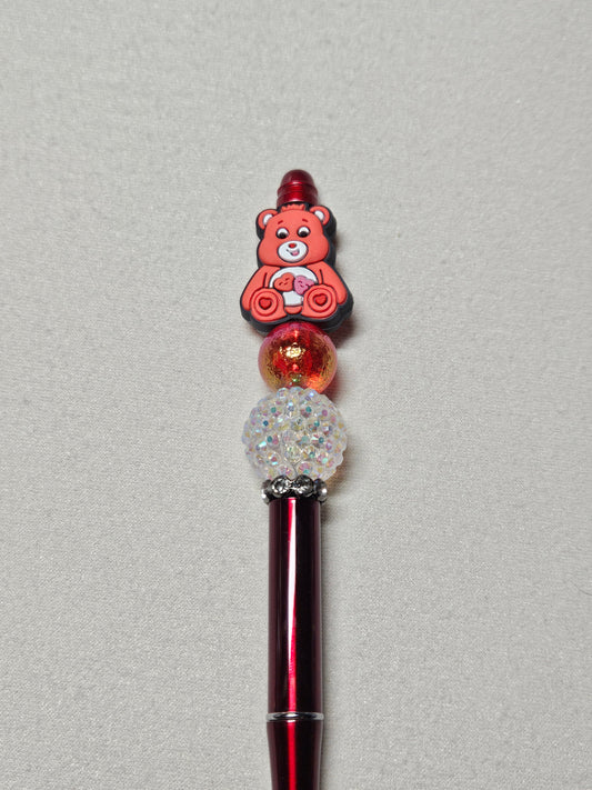 Beaded red heart care bear red metal pen