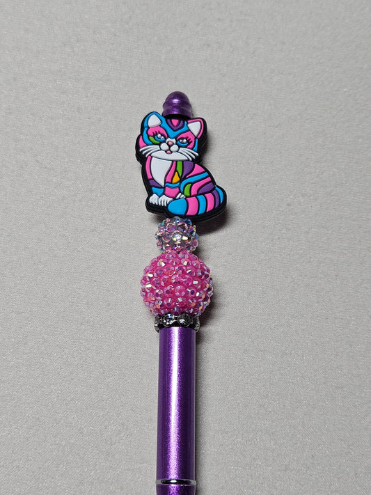 Beaded colorful Lisa frank cat purple metal pen