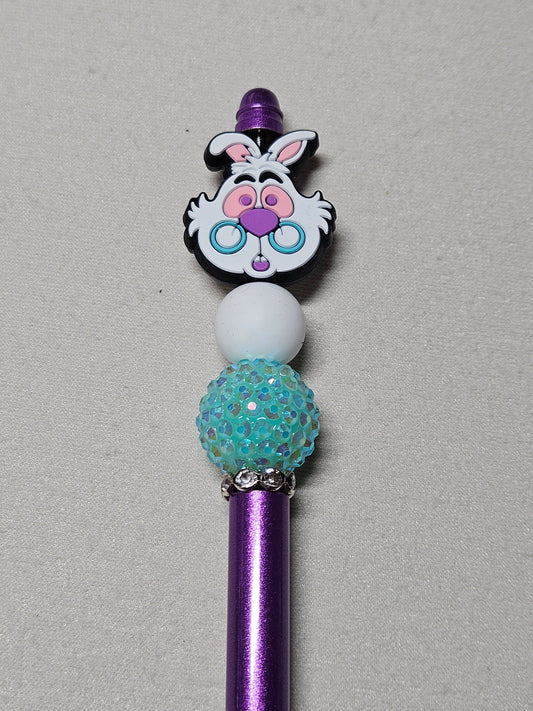 Beaded white rabbit purple metal pen